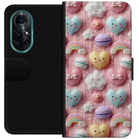 Yhteensopiva Lompakkokotelo Huawei nova 8 Pro Pastellimotiiivi sydämillä, pilvillä, sateenkaarilla ja makaronseilla vaaleanpunaisella taustalla sulois