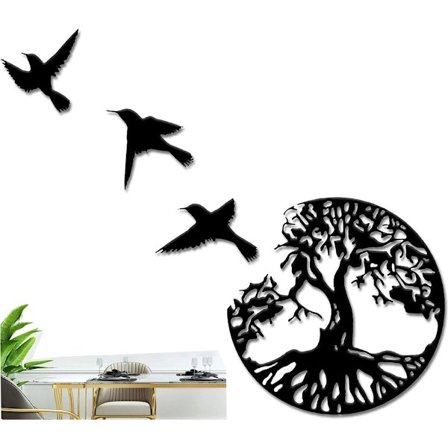 Livets Træ Metal Vægdekoration, 4-delt sæt med Livets Træ og Fredsfugl vægdekorationer, metal træformede vægdekorationer til stuen.