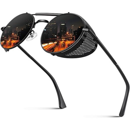 2025 Siste Modell Retro Steampunk Runde Polariserte Solbriller Menn Kvinner Metall Sidebeskyttelse UV400 Beskyttelse Svart Ramme / Grå Linse