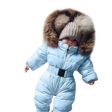 Unisex jumpsuit med huva för baby för 0-24 månader Pojkar Flickor Jumpsuit Romper med pälskrage qd best Light Blue 65cm