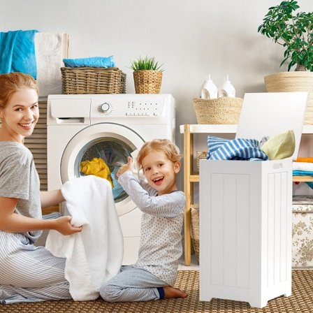 Tvättskåp fristående tvättkista tvättuppsamlare i trä med lock förvaringsskåp badrum badrumsskåp vit