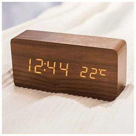 Moderni puinen herätyskello - LED digitaalinen puinen herätyskello, pöytäherätyskello päivämäärä-, lämpötila- ja kosteusnäytöllä, ruskea aika