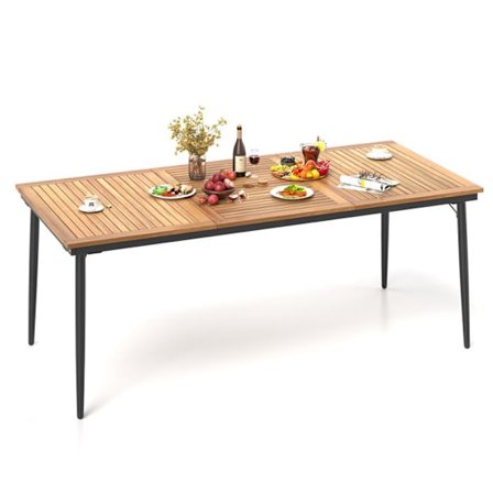 COSTWAY Havebord på 200 cm FSC i Akacietræ til 8 personer, Plankebord, 5 cm hul til parasol, Metalben