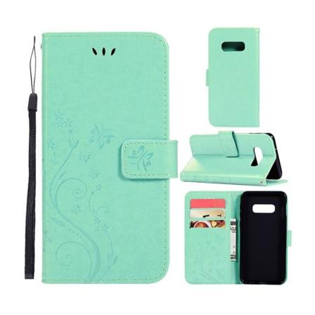 Samsung Galaxy S10 Plus sommerfugle- og blomstertryk læder flip etui - Cyan Green