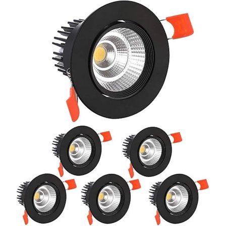 6 x LED-infällda spotlights, 5W COB, kallvitt 6000k, IP44 (svart) (öppning: 75mm)