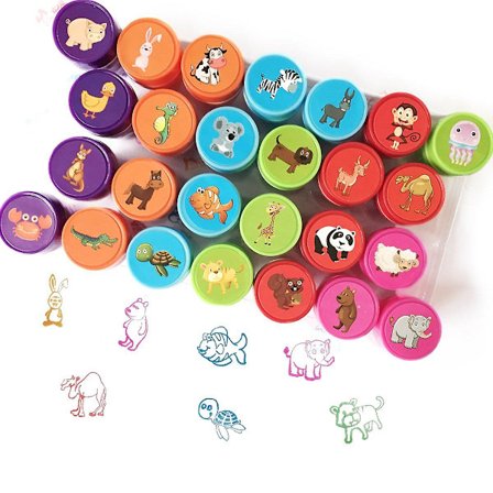 Dyrestempelsett for barn, 26 stk. gummistempler med vaskbart blekk, sel for barnas fest, skolepremier, bursdagsgave (A)