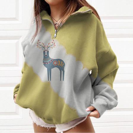 Kvinnor Print T-shirt Dragkedja Color Block Christmas Sweatshirt