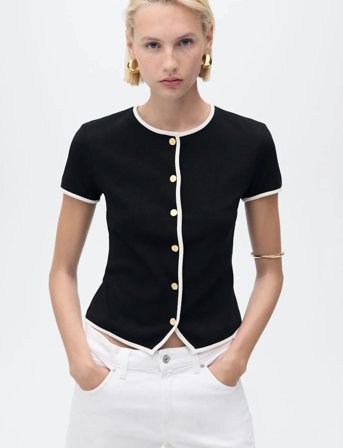 Mango Cotton T-Shirt With Contrasting Trim - Black - S