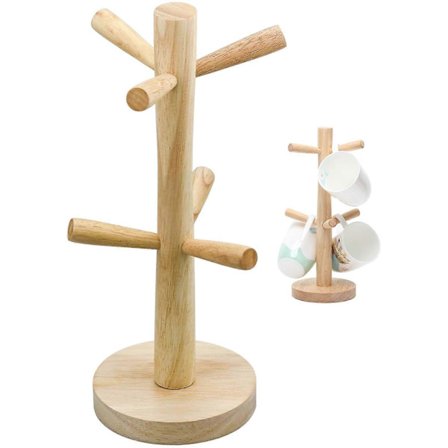 Tyylikäs puinen mukiteline 6 koukulla, kahvikuppiteline kumipuuta keittiöön, kotitalouteen ja baariin