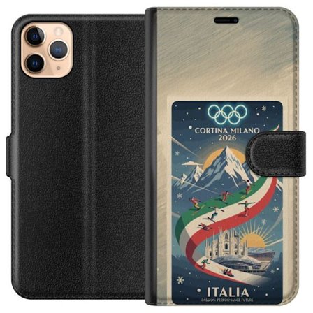 Kompatibelt Lommeboketui til Apple iPhone 11 Pro Max Skiskytterillustrasjon med skiløper som sikter med gevær på en snødekt løype, teksten Milano Cort