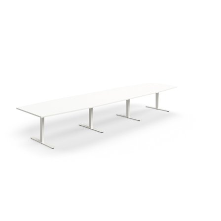 Konferenztisch QBUS, Bootsform, 4800x1200 mm, T-Gestell, weiß/weiß