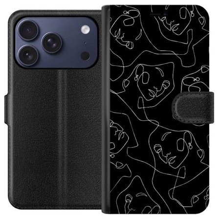 Kompatibelt Plånboksfodral till Apple Apple iPhone 17 Pro abstrakta ansikten linjekonst i vitt på mörk bakgrund modern minimalistisk design med kon