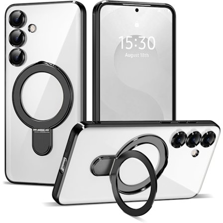 Samsung Galaxy S25 6.2 Skal med Magnetisk Ringstativ [Kompatibel med Mag-Safe] [Fullständigt Kameralinsskydd] Pläterad Klar Telefonfodral