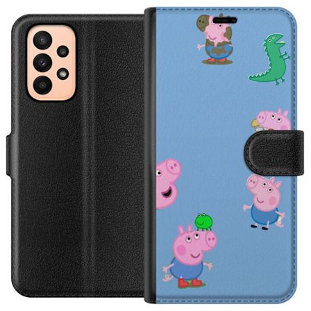 Kompatibelt Lommeboketui til Samsung Galaxy A23 Peppa Pig ansiktsmønster på lys blå bakgrunn, gjentatt leken barndommotiv med Greta Gris