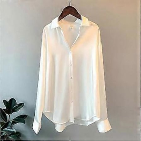 Satengskjorte Dame Bluse Vår Høst Topper Dameklær Knapper Langermet Ensfarget Løs Pluss Størrelse Skjorter (XL hvit)
