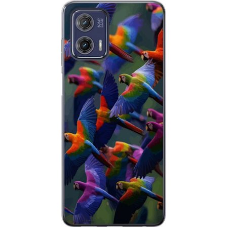 Kompatibel Mobilcover til Motorola Moto G73 Farverige papegøjer i flugt mod en mørk baggrund