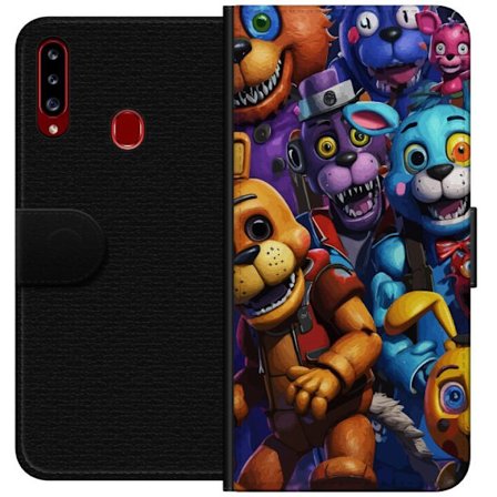 Kompatibelt Plånboksfodral till Samsung Galaxy A20s Färgstarka animatroniska figurer inspirerade av Five Nights at Freddy’s, intensiv blick, neonl