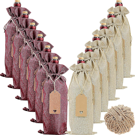 Jutevinposer for vin, 12 stk Vinposeposer med snor, etiketter & tau, gjenbrukbare vinposedeksler