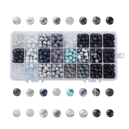 24 Färgade 8mm Runda Glaspärlor, 720 Lösa Svarta och Vita