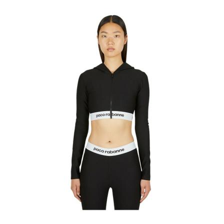 Paco Rabanne, Cropped Hooded Sweatshirt Zwart, Dames, Maat:S