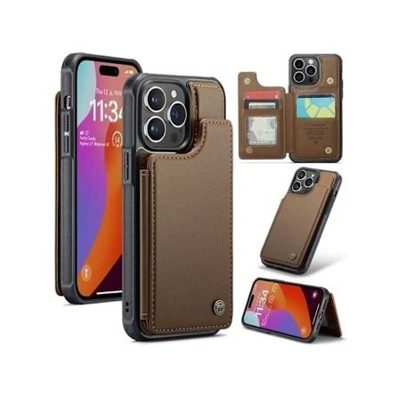 CaseMe Stöttåligt Skal Korthållare Stativ 4-Fack iPhone 15 Pro Brun