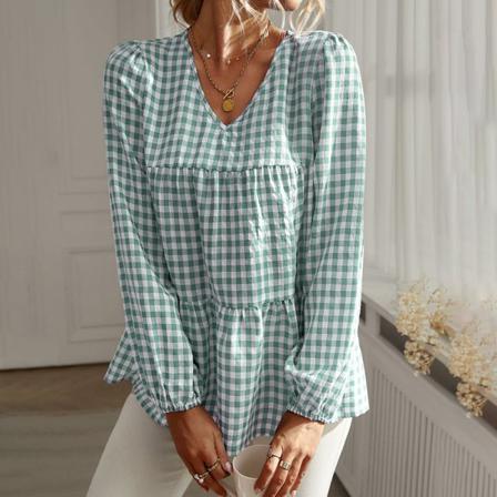 Kvinnor Volang Rutigt Print T-shirt Långärmad V-ringad Casual Toppar