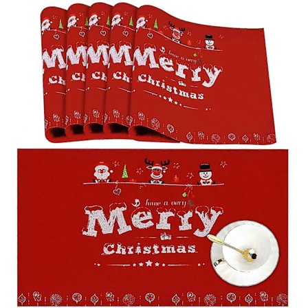 6-delt sett med bordbrikker med trykte reinsdyr, julenissen og snømann, sklisikre og vaskbare