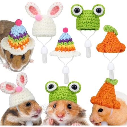 4 deler hamster lue mini små dyr lue med justerbar stropp Nydelig håndstrikket frosk regnbue gulrot bittesmå luer Julefest