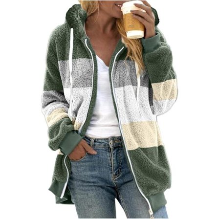 Huva jakke dame teddy fleece kappe overgangsjakke med hætte med lommer lynlås efterår vinter plysjakke fleecejakke vinter L J Grøn