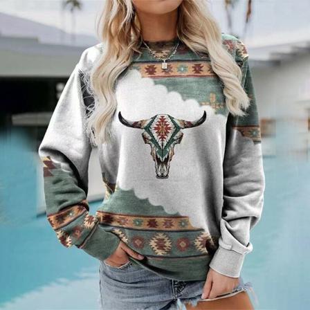 Långärmad Tröja Med Geometriskt Print För Damer Baggy Sweatshirts