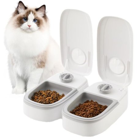 Automatisk kattefoderautomat med isbakke, 2 måltider, kæledyrsfoderautomat til små hunde, tør- og vådfoderdispenser til katte, 48 timers timer