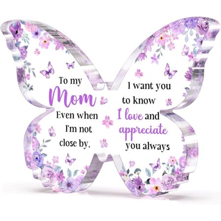 Presenter till mamma från dotter son, unik lila fjäril akrylplatta skrivbordsdekor, presentidéer till mamma på födelsedag jul mors dag, 12,7x9,5x1cm