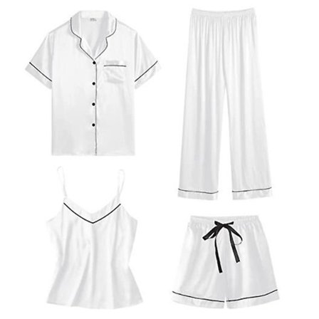 Dam 4-delad pyjamas set, siden satin nattkläder sexig cami