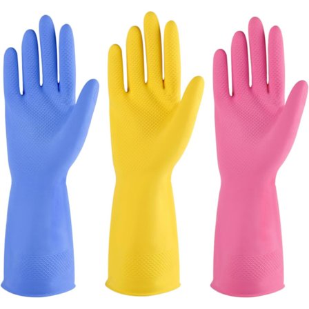 Rengjøringshansker i gummi (3 eller 6 par) for husholdningsbruk, gjenbrukbare oppvaskhansker for kjøkkenet. Flerfargede medium (3-pakning)