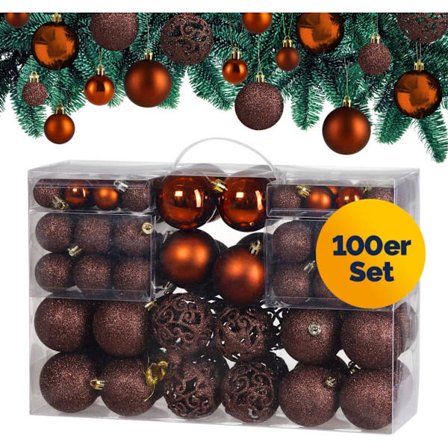 Förpackning med 100 robusta julgranskulor i plast, juldekoration inomhus utomhus, träddekoration koppar/brun