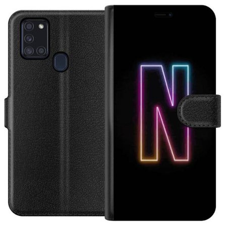 Kompatibel Tegnebogsetui til Samsung Samsung Galaxy A21s Minimalistisk neonbogstav N i farveskiftende lys mod sort baggrund