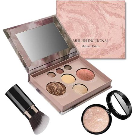 Palette Makeup Sæt, 3 stk. Kosmetisk Makeup Starter Kit, Inkluderer Bagt Foundation, Bronzer, Blush, 2 Highlighters, 3 Øjenskygger og Børste