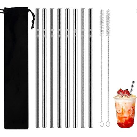 Rostfria Sugrör, 8 st, Långa Sugrör för 3 liters Glas, Återanvändbara Metallsugrör, och 2 Extra Rengöringsborstar - -
