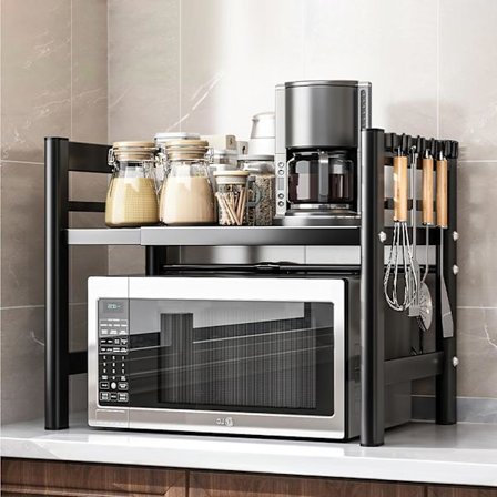 Justerbar Mikrobølgeovnstativ i flere nivåer, med 6 kroker, kan forlenges fra 40 til 64 cm, kjøkken, oppbevaringshyller, svart