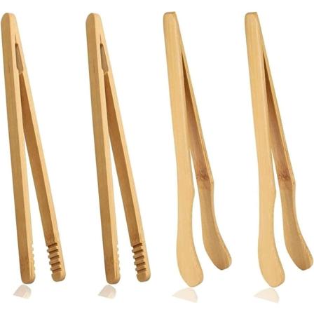 4 Tre Toasttang, 18cm/7 tommer Gjenbrukbare Kjøkken Bambustang for Ost Te Brød