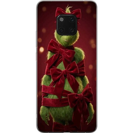 Yhteensopiva Puhelinkuori Huawei Huawei Mate 20 Pro Grinchi-hahmo koristeltu punaisilla samettinauhoilla juhlavassa studiossa, leikkisällä ja humori