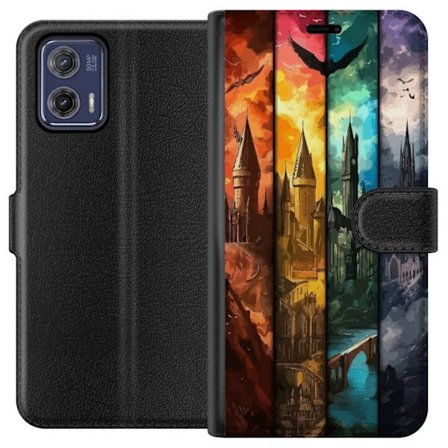 Kompatibel Tegnebogsetui til Motorola Motorola Moto G73 Fire magiske slotte i forskellige elementfarver, episk fantasykunst med ild vand luft og mørk