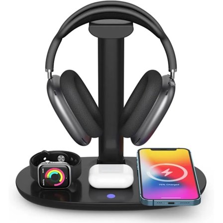 4-i-1 trådlös laddare med hörlursställ, headsethållare och dockningsstation för Apple Watch, AirPods Max/Pro 2/AirPods 4/ iPhone LG, Samsung Galaxy,