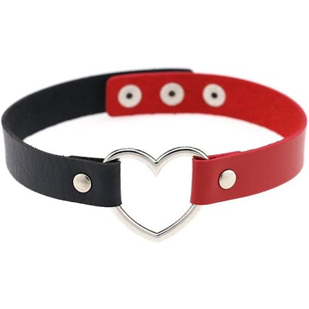 Piger Elsker Hjerte Choker Dobbelt Farve PU Læder Halsbånd Punk Halsbånd Choker Halskæde Hjerte Goth Fans (Sort-Rød)