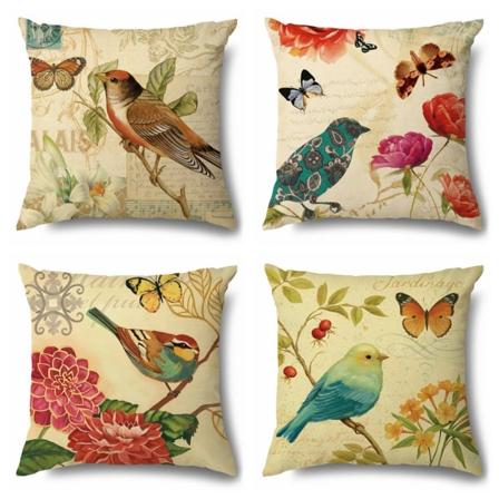 Wekity Dekorative Putetrekk Vårblomst Fugl Sommerfugl Putetrekk Putetrekk Burlap Toss 18 x 18 tommer, sett med 4 for stue, sofa