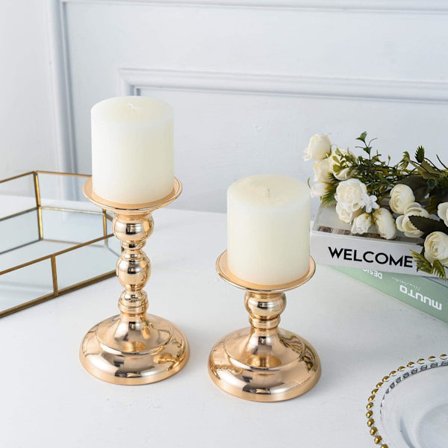 2 st guld ljusstakar för pelarljus, metall ljusstakar mittpunkt för bordsdekoration, passar pelarljus, avsmalnande ljusstake
