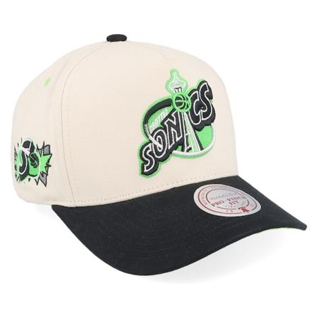 Mitchell & Ness - NBA White adjustable Caps - Seattle Supersonics Overspray Pro Off White/Black A-frame Adjustable @ Hatstore