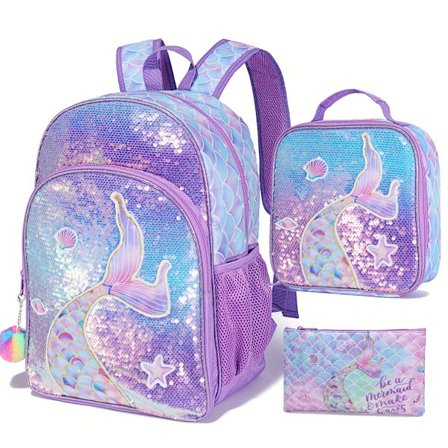 Rygsæk til piger med havfrue og enhjørning, søde børne rygsække til grundskoleelever - 3-delt sæt inklusive rygsæk, madkasse [YJD]