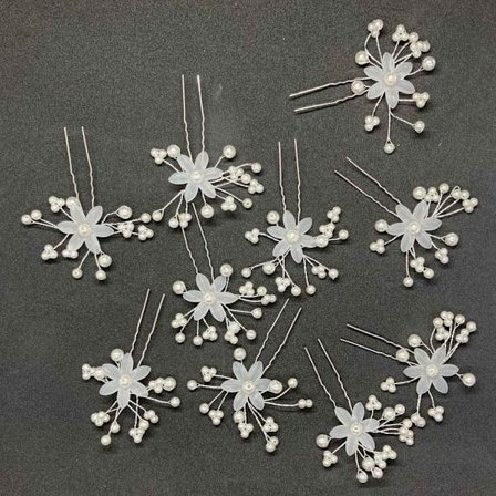 10 st Hårnålar Hårsmycken Hårdekoration till Bröllop & Fest - Vit Blomma & Vita Pärlor