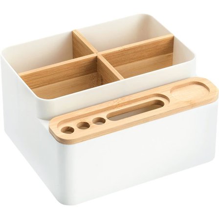 Multifunktionell skrivbordsarrangör, förvaringslåda i trä och plast